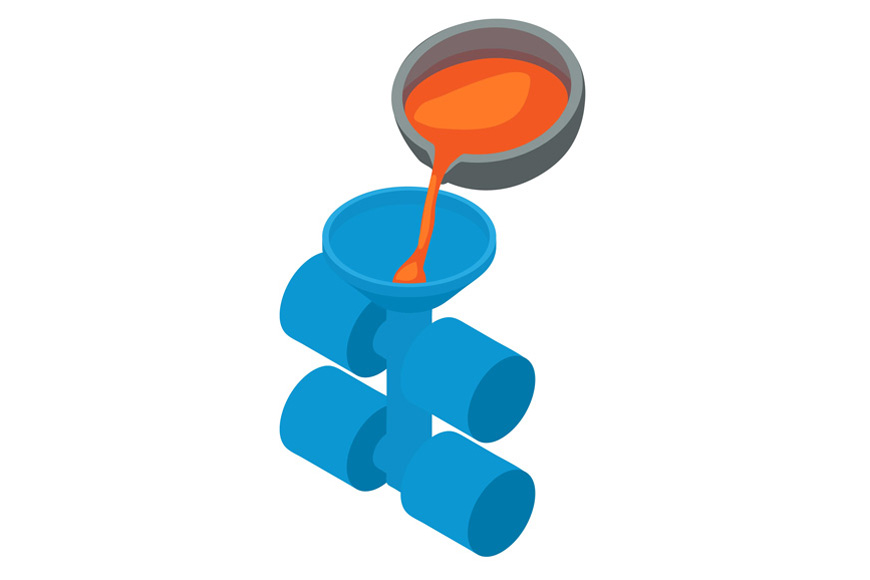 A diagram shows molten metal being poured into the sprue of an investment casting mold