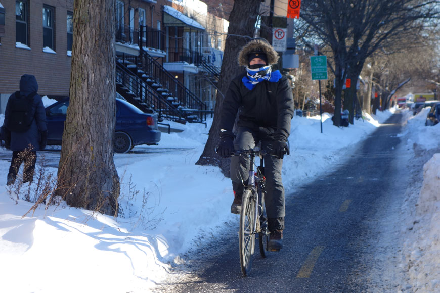 A man in warm coat and scarf cycles down a plowed and salted two-way bike lane in Montreal