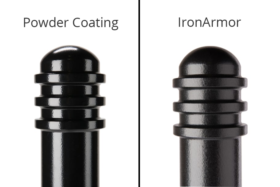 A visual comparison between Ironarmor and Powder Coating as seen on an R-7901 steel bollard.