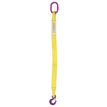 yellow nylon lifting sling with purple end fittings